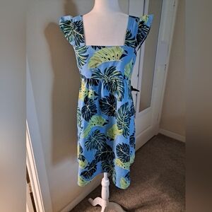 Draper James Size S Babydoll Dress Green/blue Leaf Linen EUC